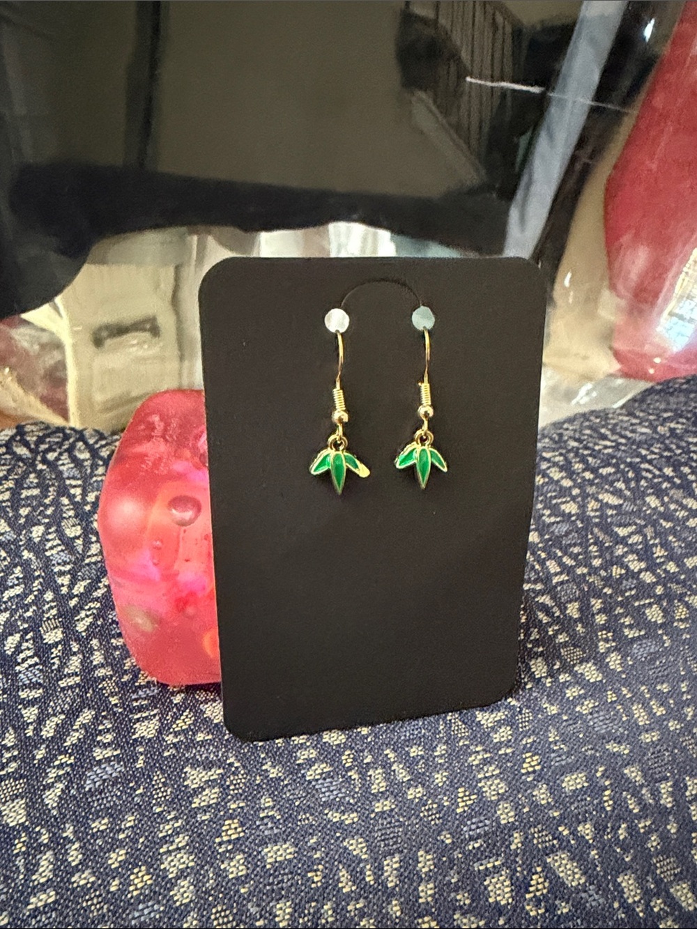 Gold-tone Green Leaf Drop Earrings
